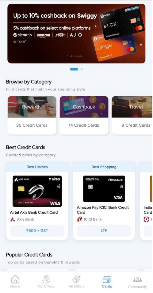 CardOffs Credit Cards screen